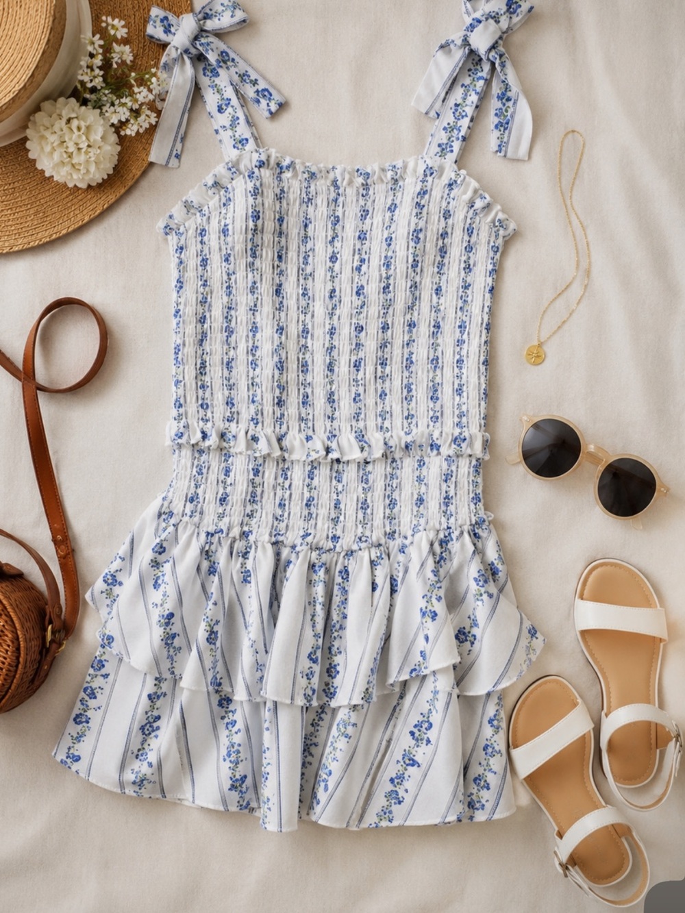 Girls White & Blue Floral Smocked Sundress